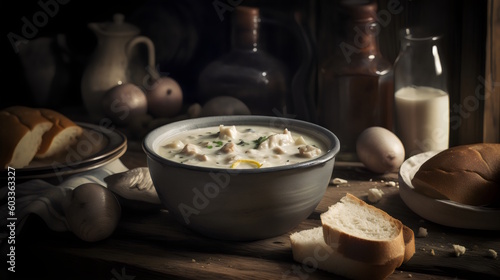 Clam Chowder Creamy New England-style Soup with Fresh Clams, Potatoes, and Smoky Bacon, a Comforting Seafood Dish for Cold Days and Seafood Lovers. generative ai