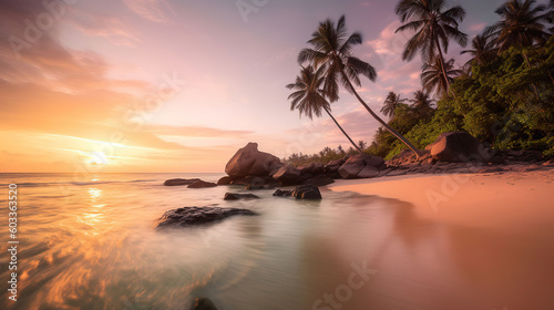 A tropical beach with crystal - clear water  palm trees swaying in the breeze  and a colorful sunset in the background  Generative AI