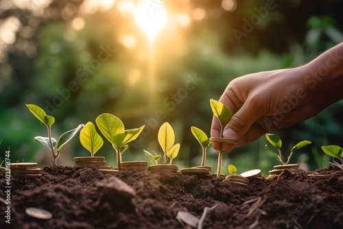 Wallpaper Mural Hand putting coins on a stack with plant growing on the money. Investing in a green future. Mit KI erstellt. Torontodigital.ca
