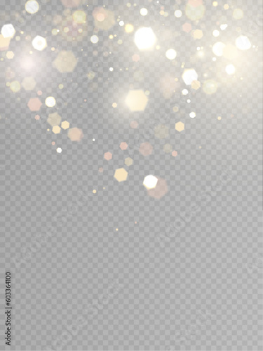 Vector background with golden bokeh, falling golden sparks, dusty glitter, blur effect