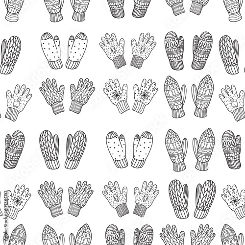 Winter clothing sweaters, hats, mittens and gloves pattern in doodle style.