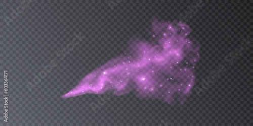 Magic sparkle cloud, purple magic star dust with sparks. Shiny fog, space dust with glowing flares isolated on dark background. Vector illustration.