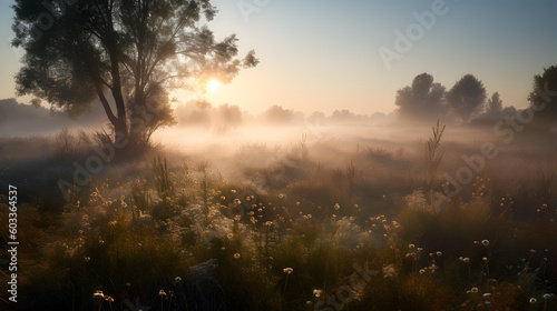 A peaceful meadow at sunrise  with a blanket of mist hugging the ground  while the first rays of light illuminate the dew-covered grass and create a magical and ethereal atmosphere