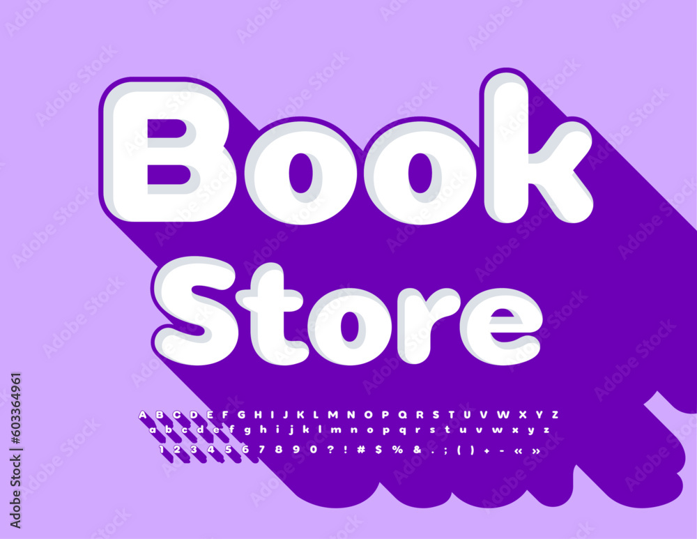 Vector bright Sign Book Store. Modern Font with Violet Shadow. Creative Alphabet Letters, Numbers and Symbols Vector bright Sign Book Store. Modern Font with Violet Shadow. Creative Alphabet Letters, Numbers and Symbols