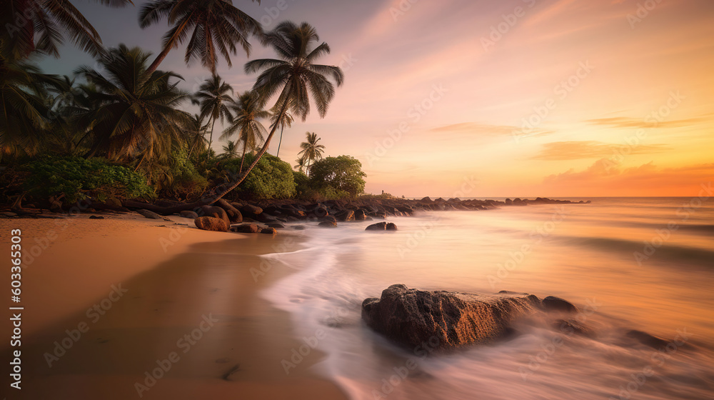 A tropical beach with crystal - clear water, palm trees swaying in the breeze, and a colorful sunset in the background, Generative AI