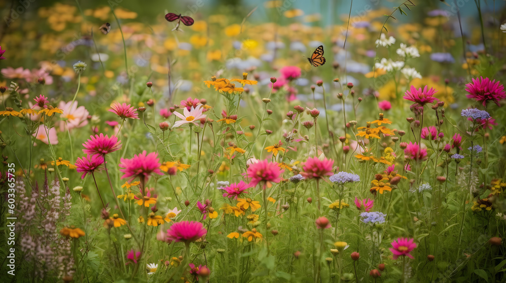 A summer meadow bursting with a profusion of colorful blossoms, buzzing bees, and fluttering butterflies