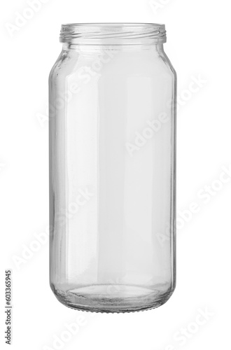 Empty glass jar without a lid.