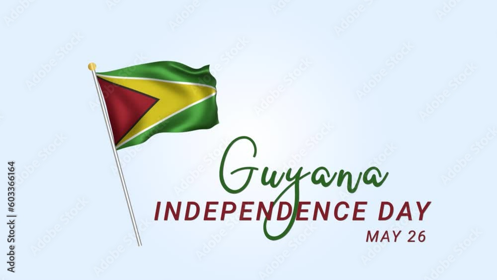 Guyana independence day animation with flag of Guyana on National holiday. Guyanan realistic wavy flag in 26th of May national patriotic holiday horizontal design animation.