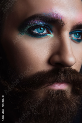 face of bearded gay man with eye makeup. Concept cosmetics for transgender men with mascara and eyeliner. Generative AI