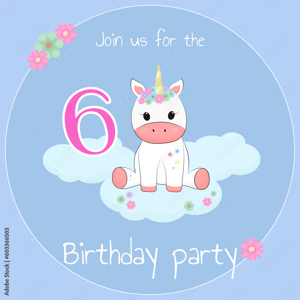 Card invitation for birthday party with cute unicorn rainbow, stars, flower, cloud for 6 year babe