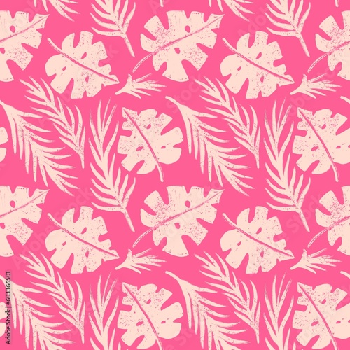 Hand drawn seamless pattern with pink palm leaves monstera leaf, beige baby girl fabric print. Tropical jungle holiday vacation design, cute summer plant nature.