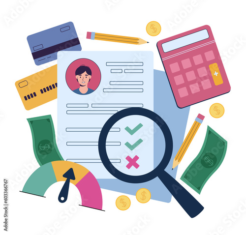 Bank documents concept. Magnifying glass, gold coins and portfolio of young guy. Customer and client rating. Forecast and accounting, budgeting. Cartoon flat vector illustration