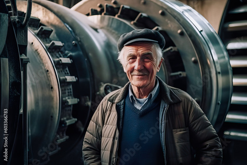 Generative AI image of smiling mature male mechanic in cap looking at camera while standing near heavy machinery inside industrial factory building photo