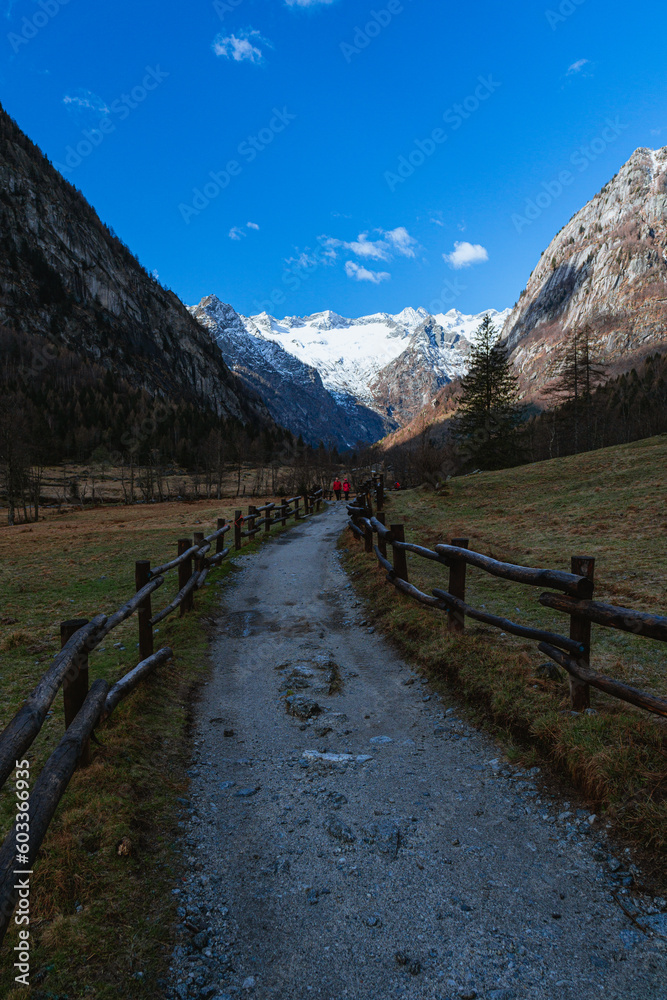 The mountains and nature of the Val di mello natural park, one of the most visited tourist areas in the Valtellina, near the village of Masino, Italy - April 2023.
