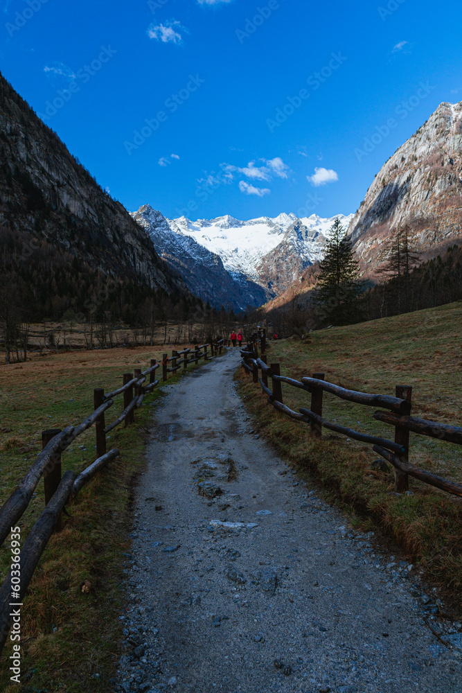 The mountains and nature of the Val di mello natural park, one of the most visited tourist areas in the Valtellina, near the village of Masino, Italy - April 2023. The mountains and nature of the Val di mello natural park, one of the most visited tourist areas in the Valtellina, near the village of Masino, Italy - April 2023.