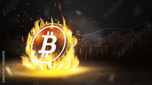 Dark poster with gold bitcoin in fire flame on a dark blurred background with fog and cryptocurrency graph