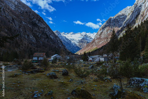 The mountains and nature of the Val di mello natural park, one of the most visited tourist areas in the Valtellina, near the village of Masino, Italy - April 2023.