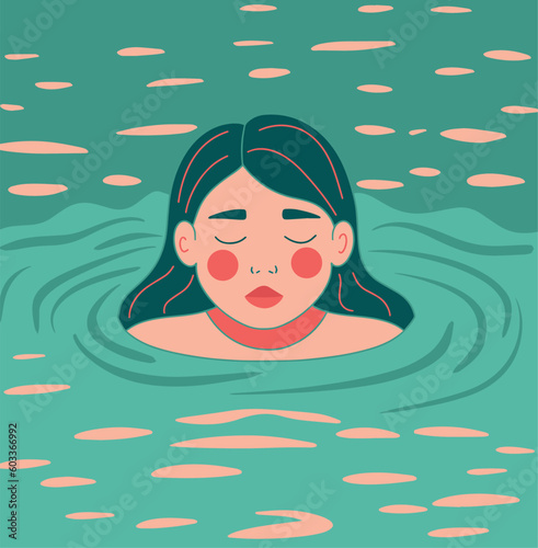 Girl in the water. The girl swims in the water. Portrait illustration. Vector graphics, flat style. Girl on vacation. The girl in the pool