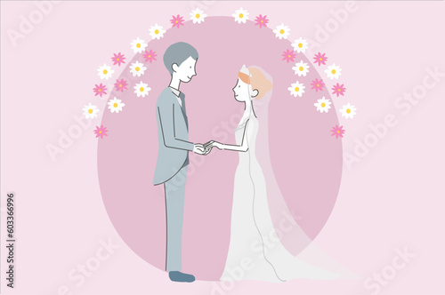 結婚式　手を取り合う新郎と新婦　イラスト