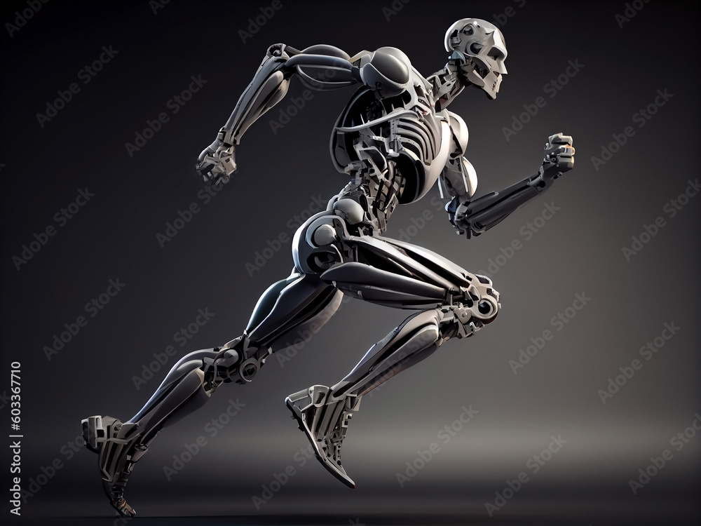 Fototapeta premium A fast running humanoid muscular robot athlete on an isolated background. Generative AI