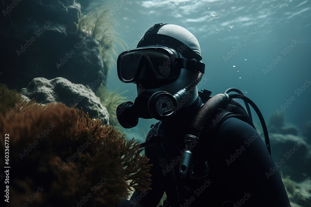 Generative AI illustration of portrait of anonymous person in scuba diving costume and mask looking away while diving deep under water near coral reefs in ocean