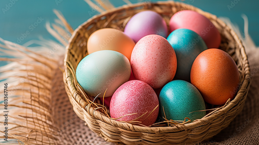 Wicker basket with colorful eggs. Generative AI Wicker basket with colorful eggs. Generative AI
