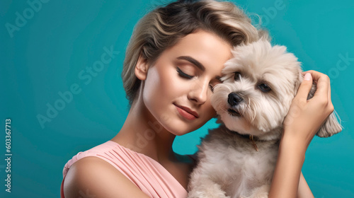 Generative AI image of happy young closed eyes woman with short hair embracing cute West Highland White Terrier dog against blue background photo