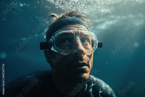 Generative AI illustration of worried male diver in diving goggles and costume with blue lips looking away underwater on summer vacation photo
