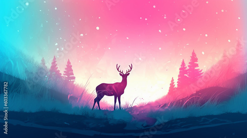 Silhouette of deer in forest night landscape. Colorful abstract art of reindeer in the winter season. Pink and blue color combination. Generative AI
