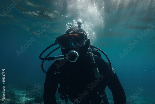 Generative AI illustration of portrait of anonymous person in scuba diving costume and mask looking at camera while diving deep under water in ocean photo