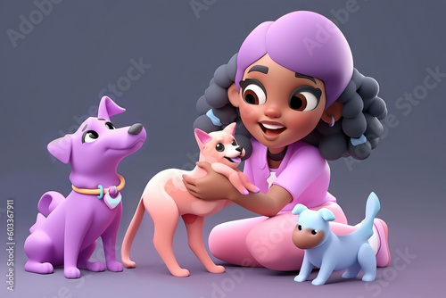 Generative AI illustration of smiling ethnic woman in pink outfit sitting on floor and playing with adorable dogs photo