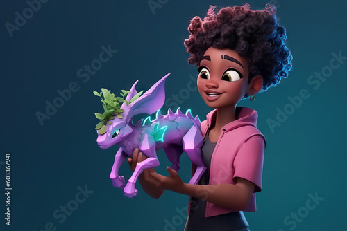 Generative AI illustration of cheerful African American girl with curly hair smiling while holding pink fairy animal against blue background photo