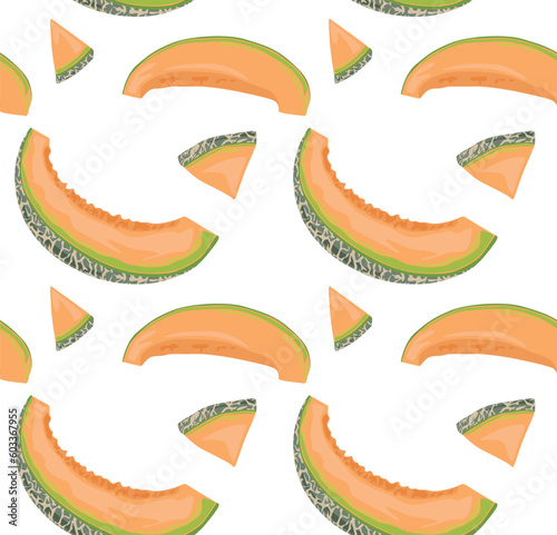 Melon slices are semicircular and triangular at different angles. Seamless pattern in vector. Suitable for backgrounds and prints.