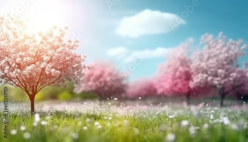 Blooming Spring Landscape with Blue Sky and Glade  generative AI