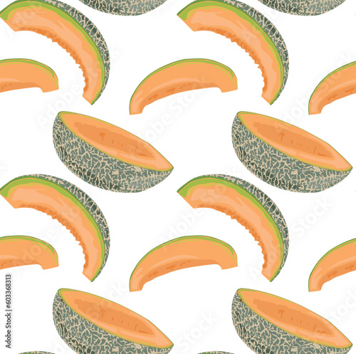 Half of a melon and its slices at different angles in the peel. Seamless pattern in vector. Suitable for backgrounds and prints.
