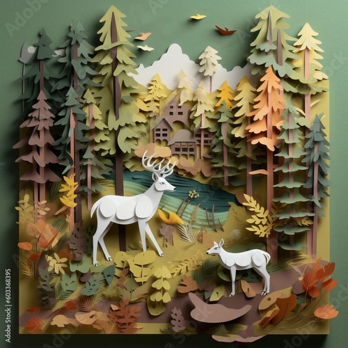 Deer in Forest Papercraft-Style Environmental Ecology Illustration [Generative AI] © Visionarily