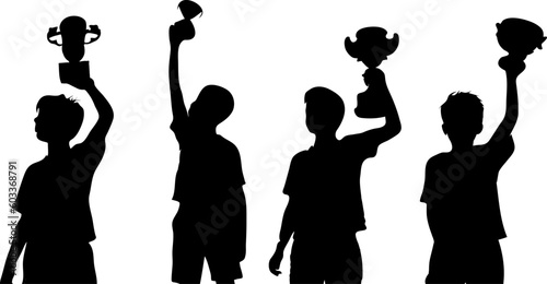 set of silhouettes of boy holding or lifting up a winning trophy