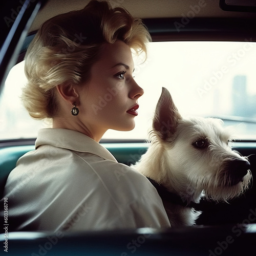 Generative AI illustration of vintage young female in formal clothes with makeup sitting with adorable dog in old fashioned car at daylight
