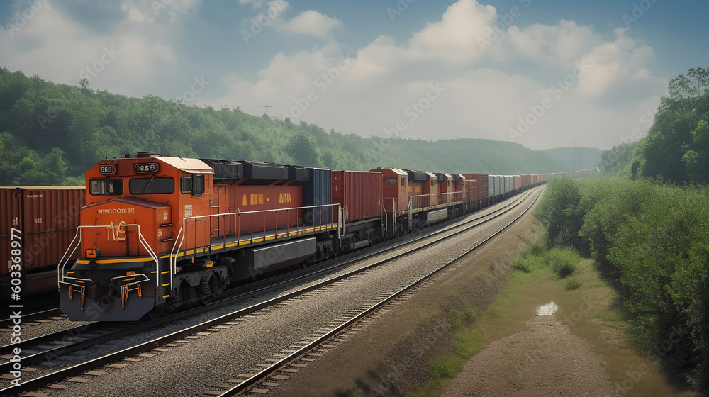 Fototapeta premium Freight Train with Shipping Containers, Industrial Cargo Transportation, Generative AI