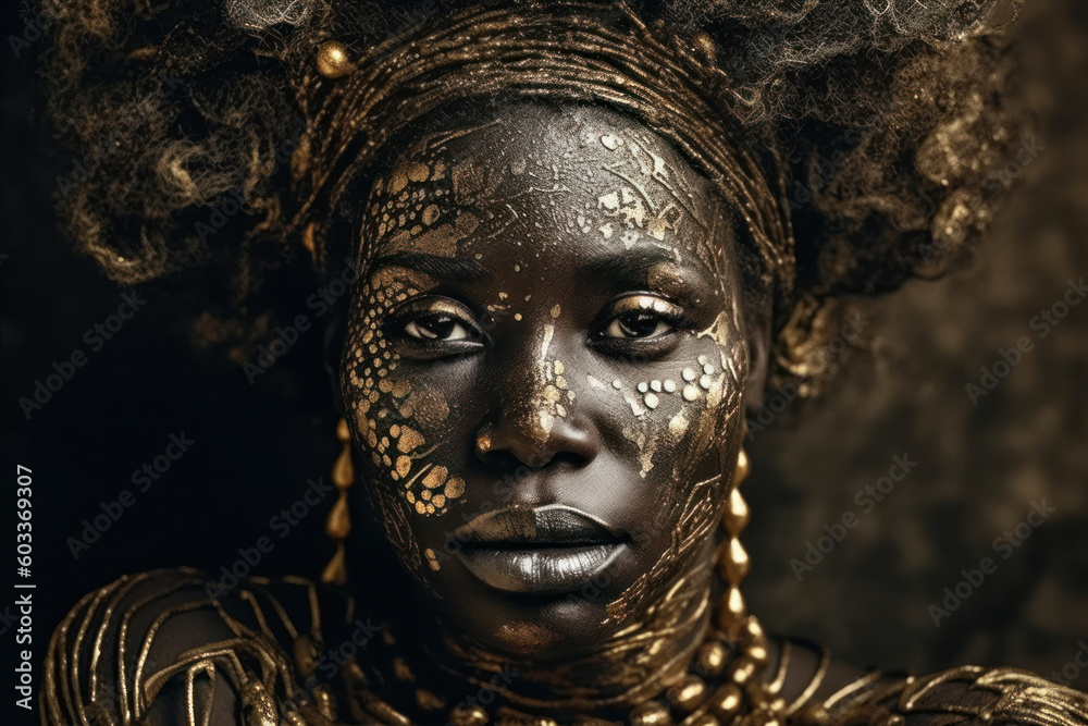 Generative AI illustration portrait with closeup of African American female with gold paint on face and body and golden against dark background Generative AI illustration portrait with closeup of African American female with gold paint on face and body and golden against dark background