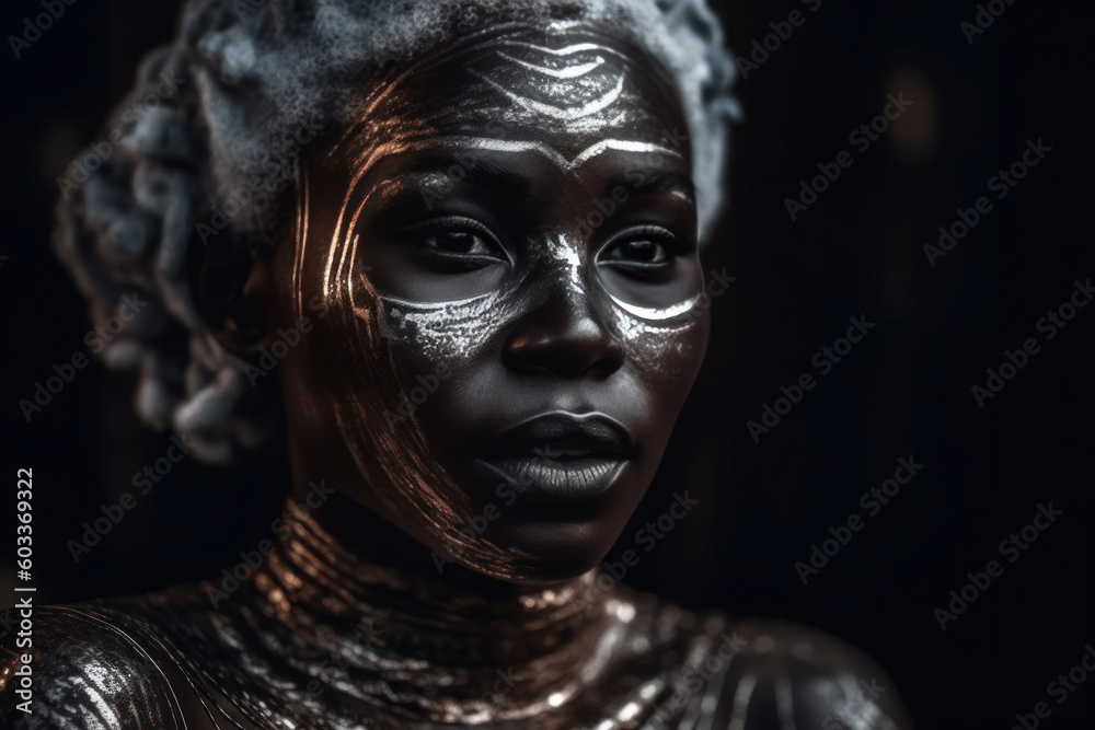 Generative AI illustration with black and white portrait of young African female in traditional clothes with silver ornament and accessories Generative AI illustration with black and white portrait of young African female in traditional clothes with silver ornament and accessories