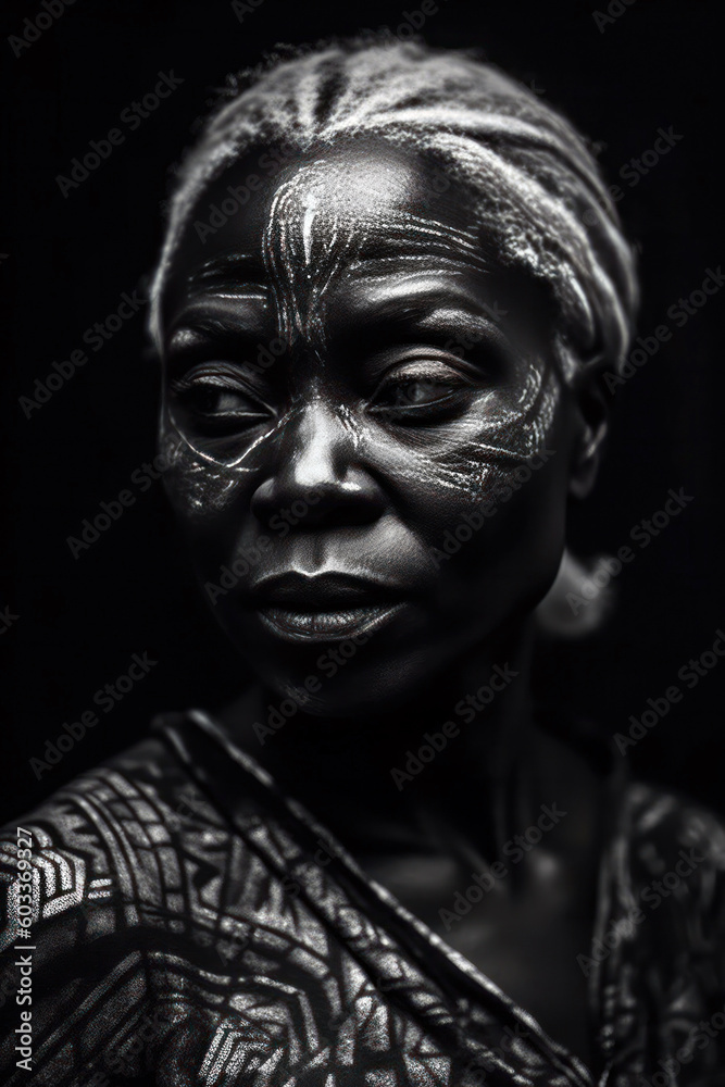 Generative AI illustration with black and white portrait of young African female in traditional clothes with silver ornament and accessories Generative AI illustration with black and white portrait of young African female in traditional clothes with silver ornament and accessories