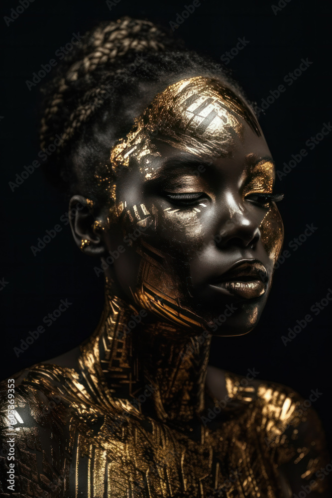Generative AI illustration with black and white portrait of young African female in traditional clothes with silver ornament and accessories Generative AI illustration with black and white portrait of young African female in traditional clothes with silver ornament and accessories