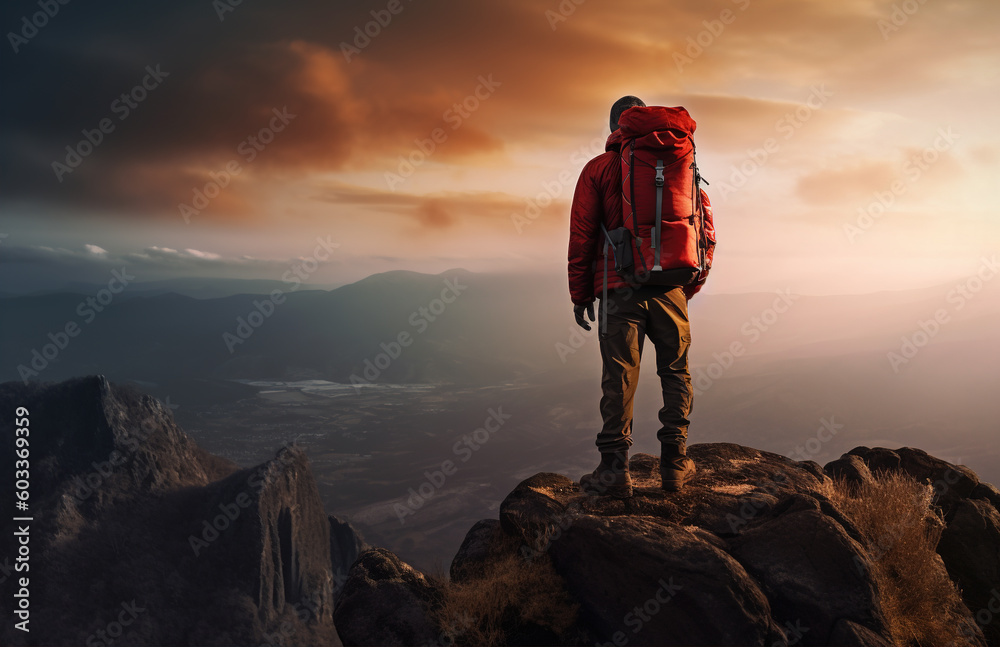 image of man on top of mountain, looking at sunset, in the style of light red and dark brown, clear edge definition, 32k uhd, passage