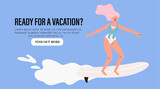 Attractive young woman surfing on surfboard in sea or ocean on her vacation to seaside. Female character in swimsuit relaxing using board on water on summer trip banner. Vector illustration.