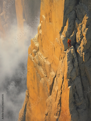 The image depicts a mountain climber ascending a cliff face in Mount Himaalay, style in a professional National Geographic. © siripimon2525