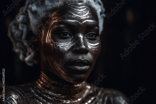 Generative AI illustration with black and white portrait of young African female in traditional clothes with silver ornament and accessories photo