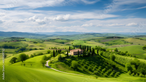 A picturesque countryside scene  with gentle rolling hills covered in lush green grasses  scattered with charming farmhouses  and embraced by a clear blue sky dotted with fluffy white clouds