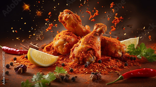 Chicken legs fall down into masala. Fried chicken product photography with spice splash. Generative AI photo