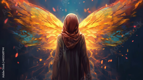 Creative art of a Muslim girl with two shiny illuminated golden wings. Back view of a girl with hijab. Showcasing of peace and real freedom comes with Islam. Proud to be religious. Generative AI